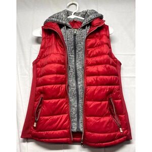Special One International Puffer Vest Women Medium Red Gray Knit Hooded Full Zip